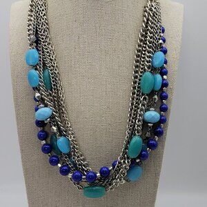 Silver & Blue Faux-Gems Multi Strand Curb Chain Statement  Necklace 22" Layered